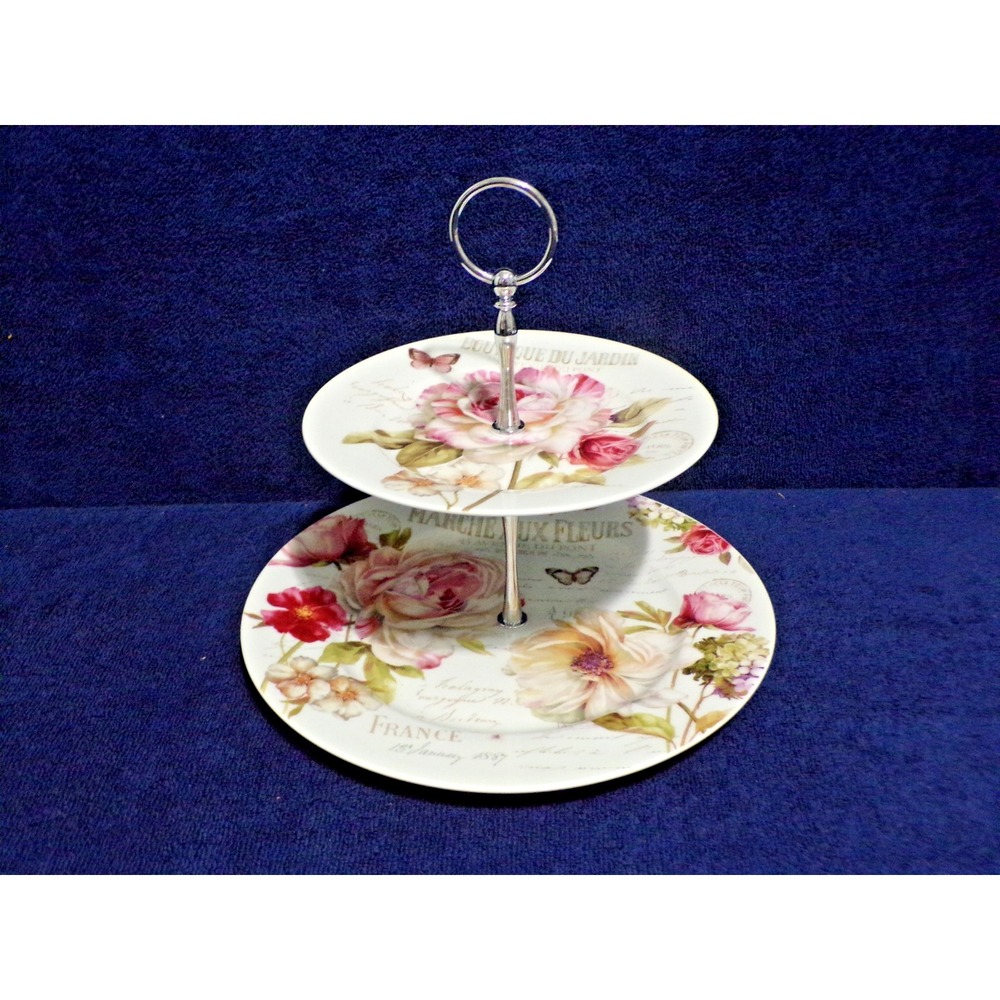 Party‎ Two Tier Platter "Marche aux fleurs" Pink Roses & Butterflies Chrome Stem